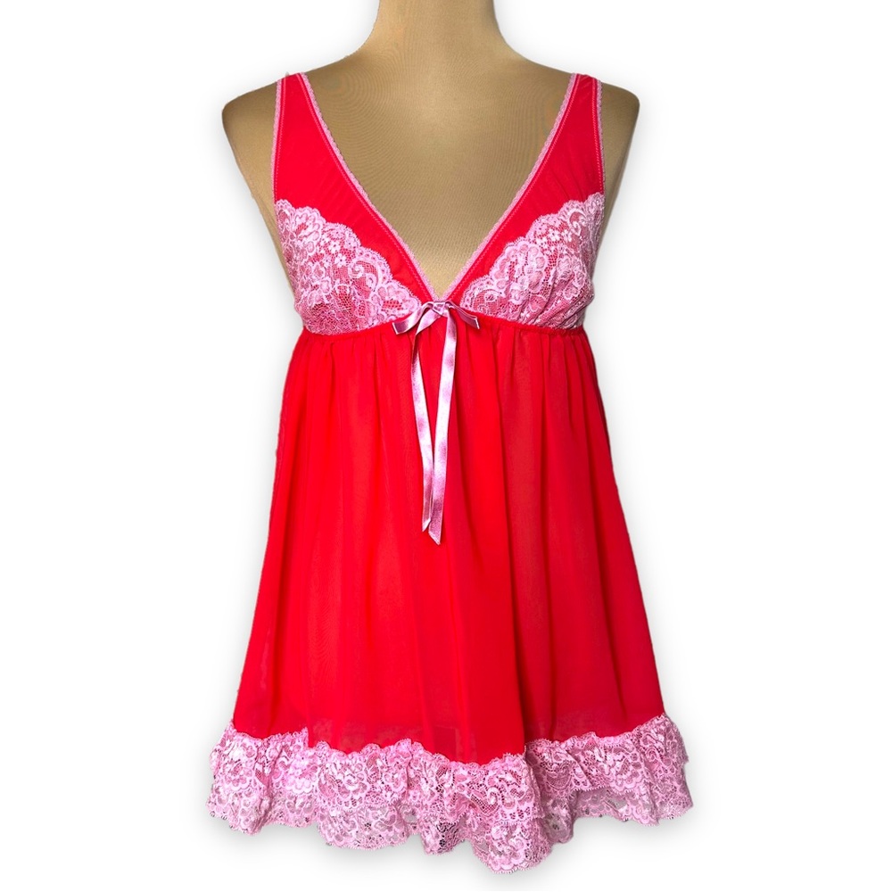 Victoria's Secret Babydoll Chemise Salmon Sheer Pink Lace Trim Size Medium
